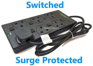 6 Socket SURGE PROTECTED 2m Extension Lead SWITCHED UK Mains Cable Way Black Led