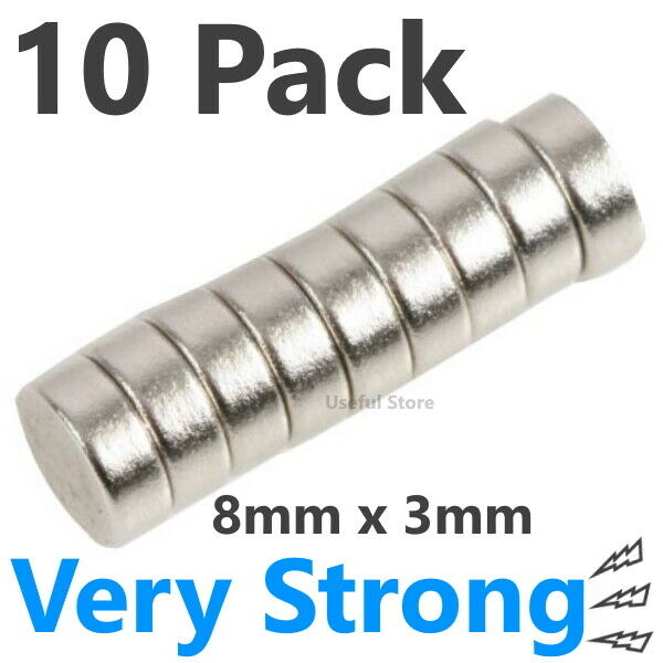 10 NEODYMIUM MAGNETS 8mm x 3mm Rare Earth Hobby Craft Jewellery Round Rings Disc