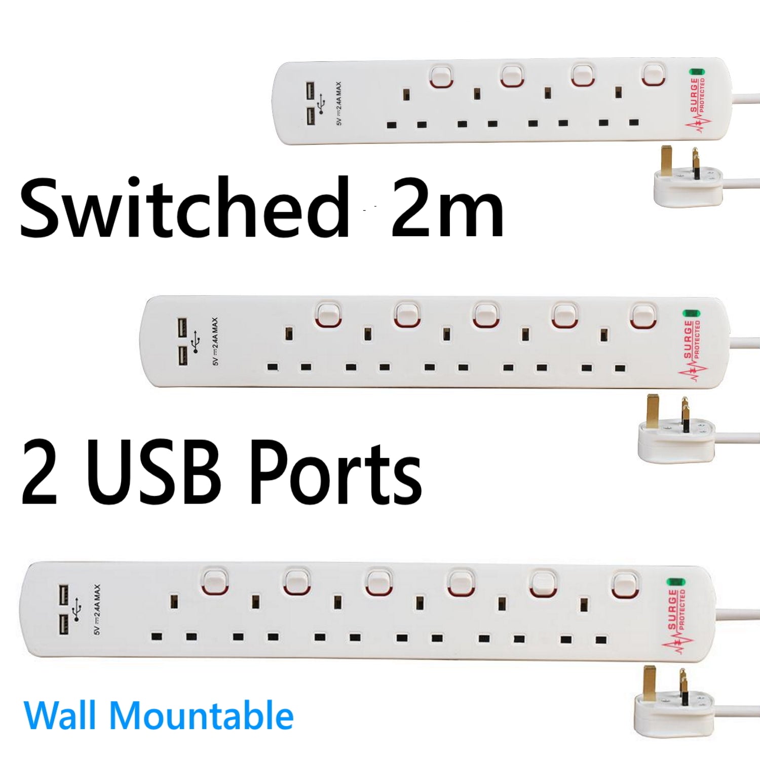 USB Switched Surge Protected Extension Lead 4 5 6 Gang Way Plug Socket White 2m