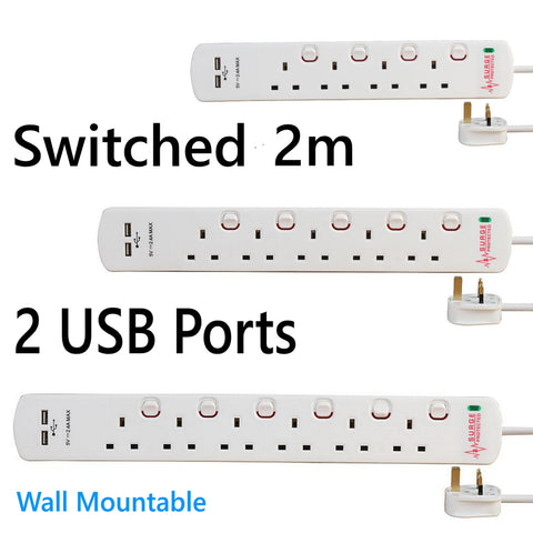 USB Switched Surge Protected Extension Lead 4 5 6 Gang Way Plug Socket White 2m